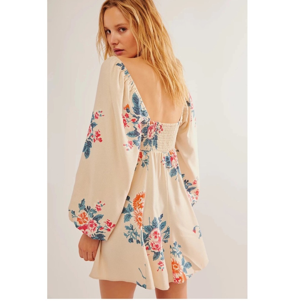 Free People Floral Print Puff Sleeve Mini Dress Beige Blue Pink Size XL - Picture 2 of 12